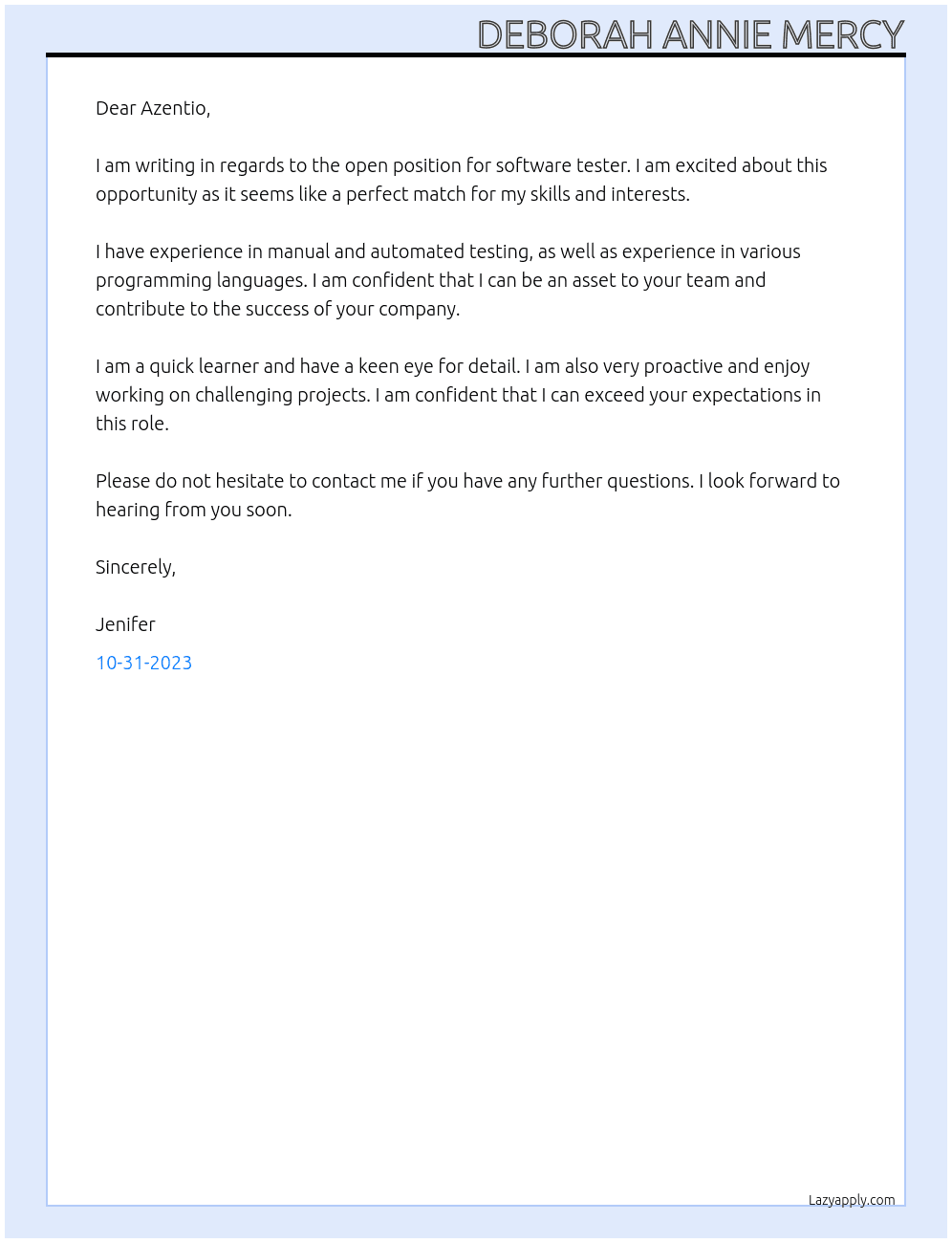 Software tester At Azentio Cover Letter