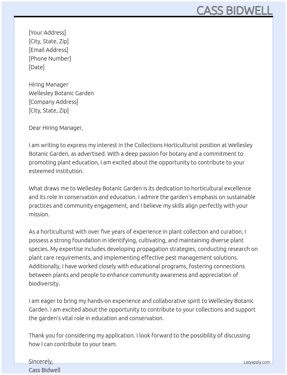 Collections Horticulturist At Wellesley Botanic Garden Cover Letter