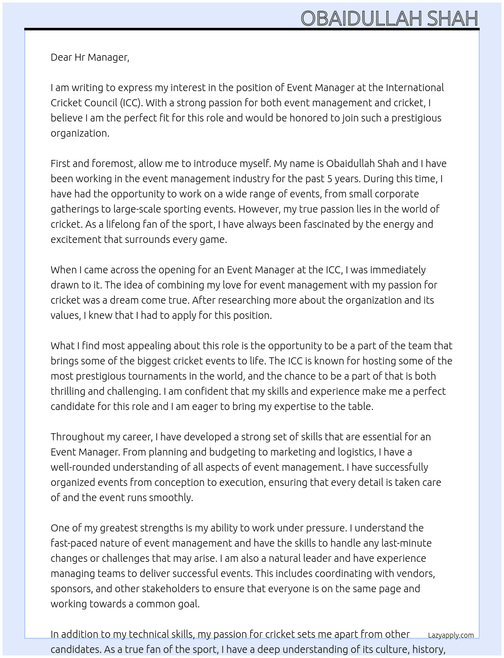 Event Manager At International Cricket Council (ICC) Cover Letter