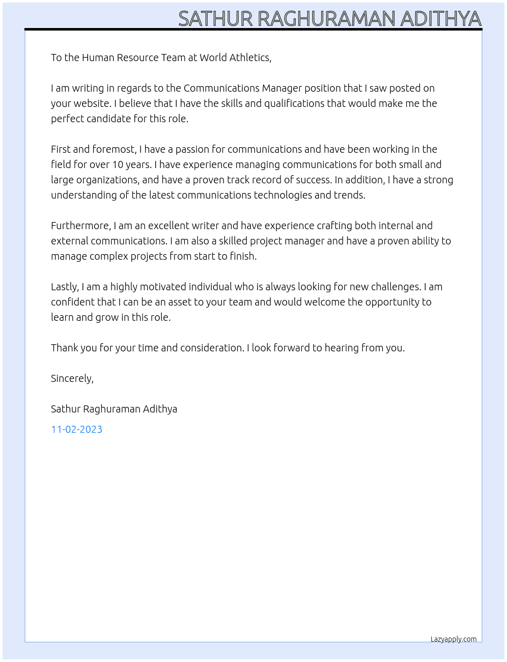 Communications Manager At World Athletics Cover Letter