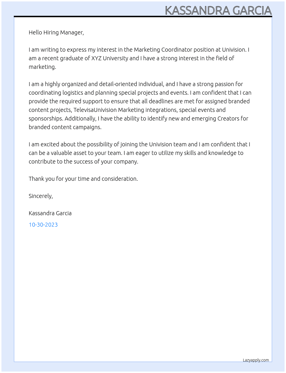Marketing Coordinator At Univision Cover Letter