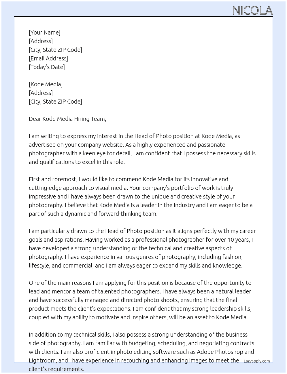 Head of Photo At Kode Media Cover Letter