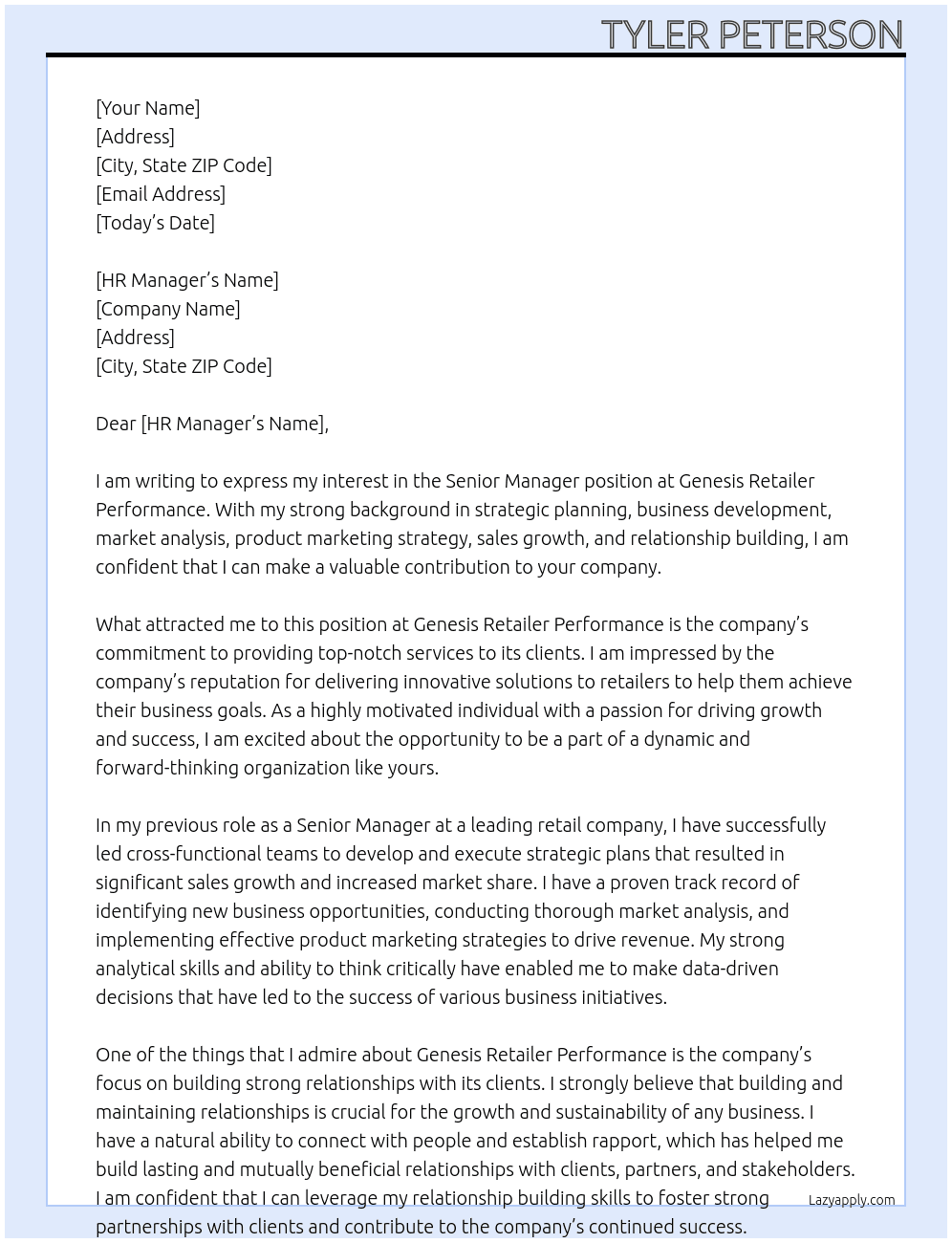 Senior Manager At Genesis Retailer Performance Cover Letter