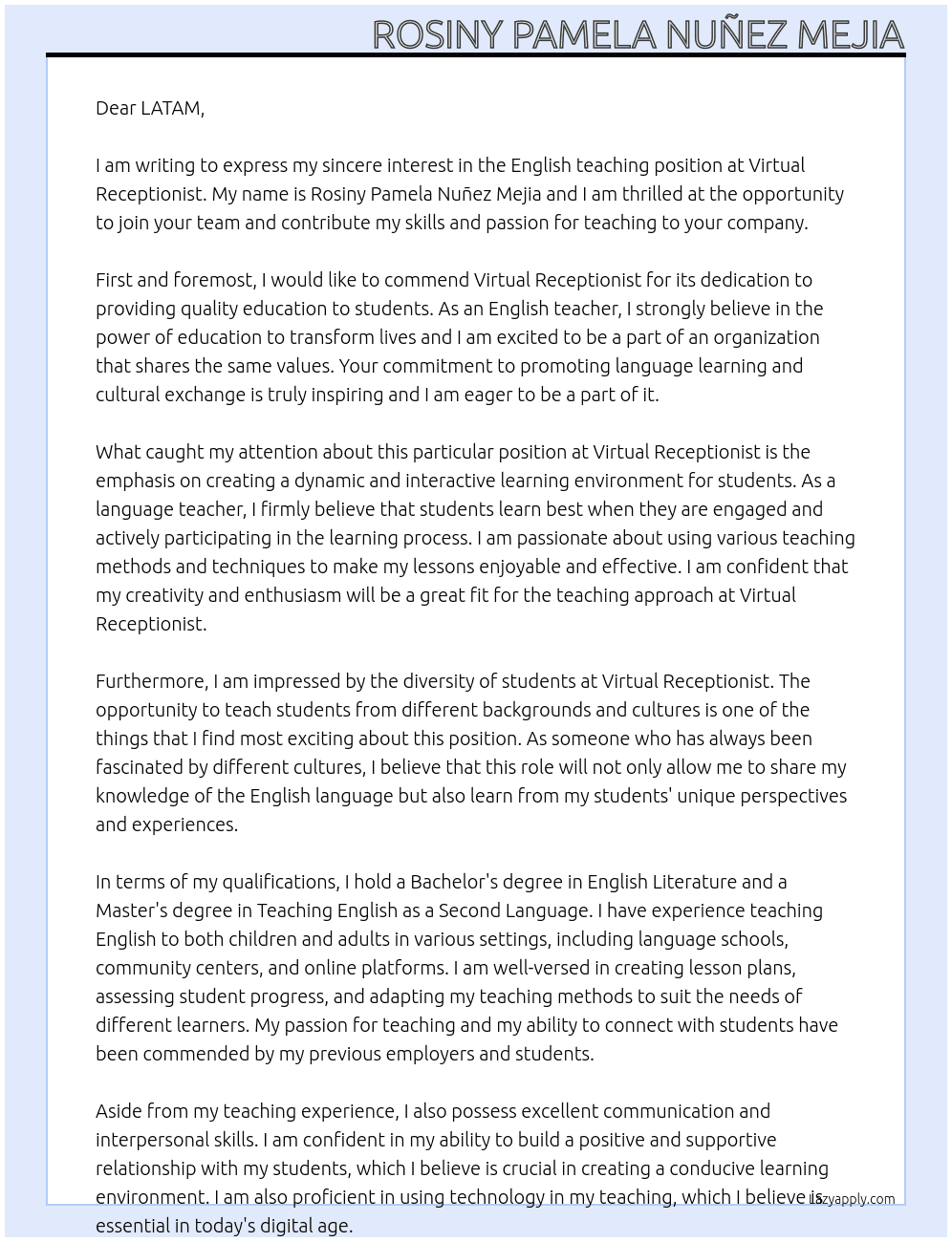 English teaching At Vitual recepcionist Cover Letter