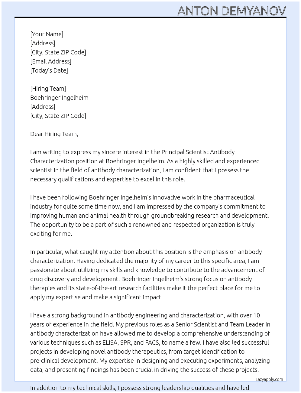 Principal Scientist Antibody Characterization At Boehringer Ingelheim Cover Letter
