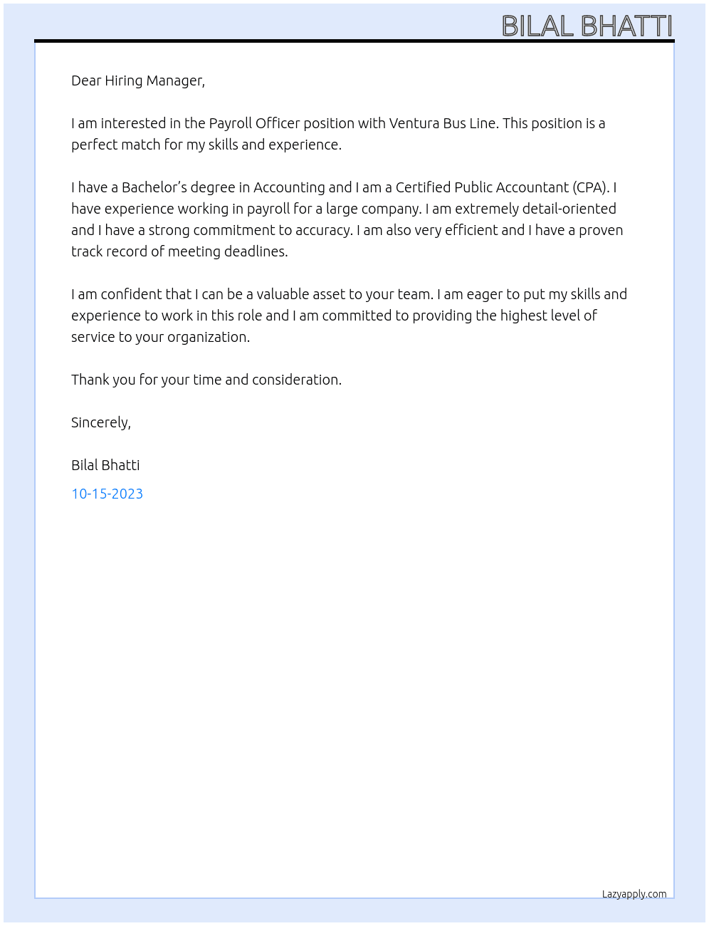 Payroll officer At Ventura Bus line Cover Letter