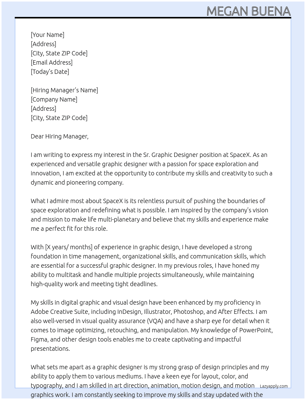 Sr. Graphic Designer At SpaceX Cover Letter