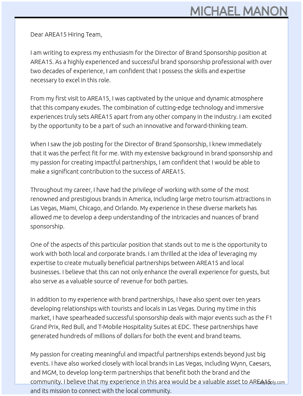 Director of Brand Sponsorship At AREA15 Cover Letter