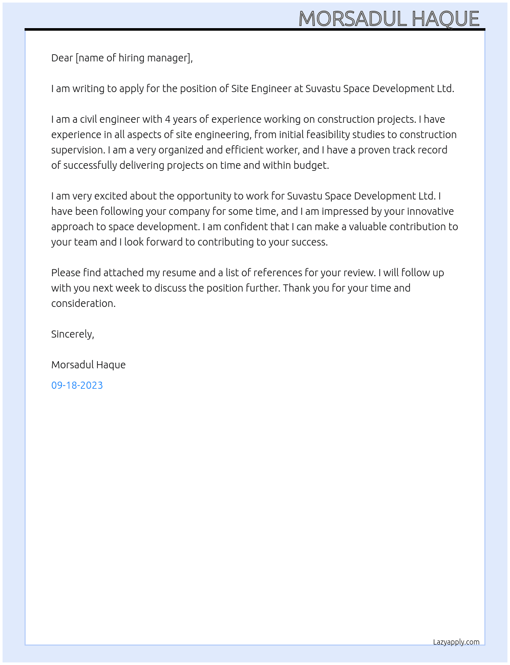 Site Engineer  At Suvastu Space Development Ltd. Cover Letter