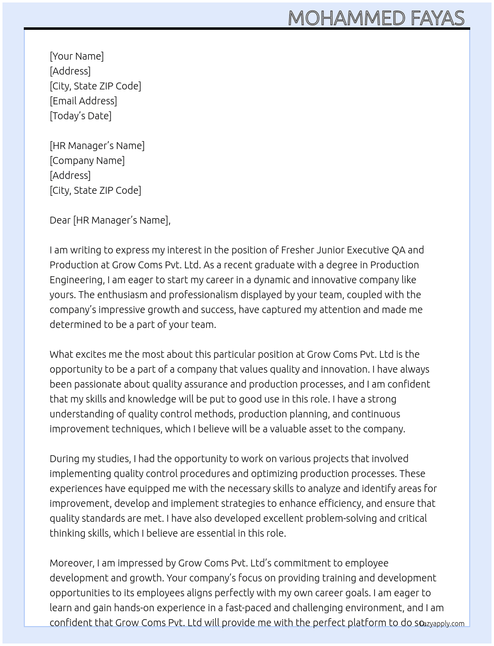 Fresher Junior executive QA and production  At Grow Coms Pvt. Ltd Cover Letter