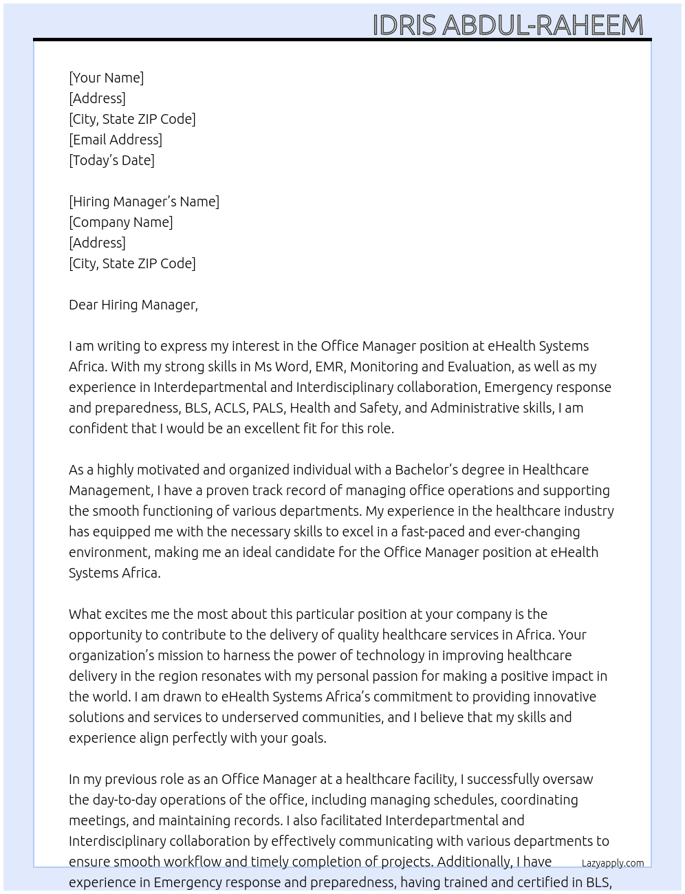 Office Manager  At eHealth Systems Africa  Cover Letter