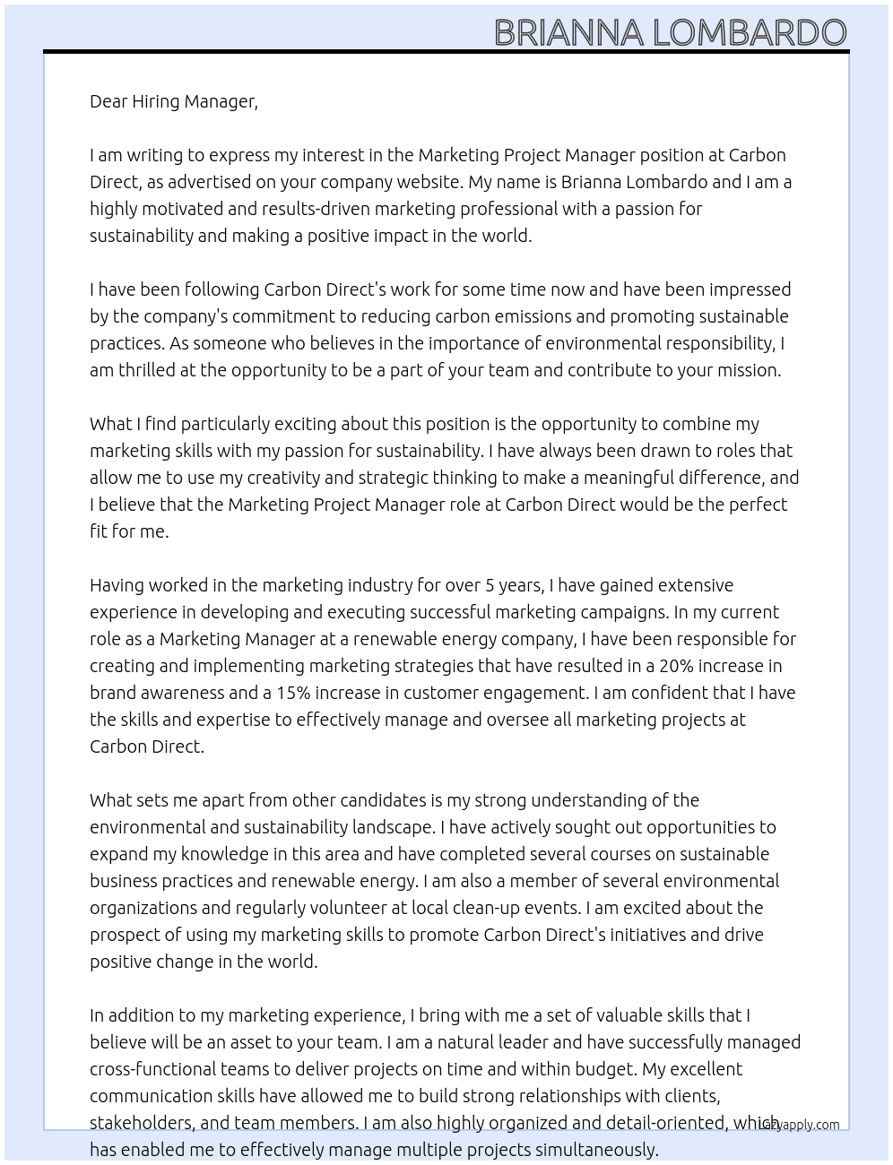 Marketing Project Manager At Carbon Direct Cover Letter
