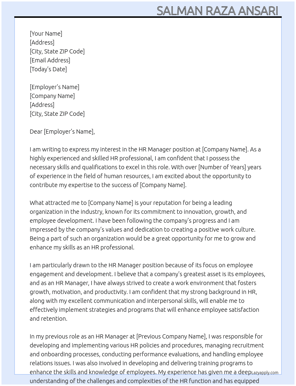 Hr Manager  At All companies  Cover Letter