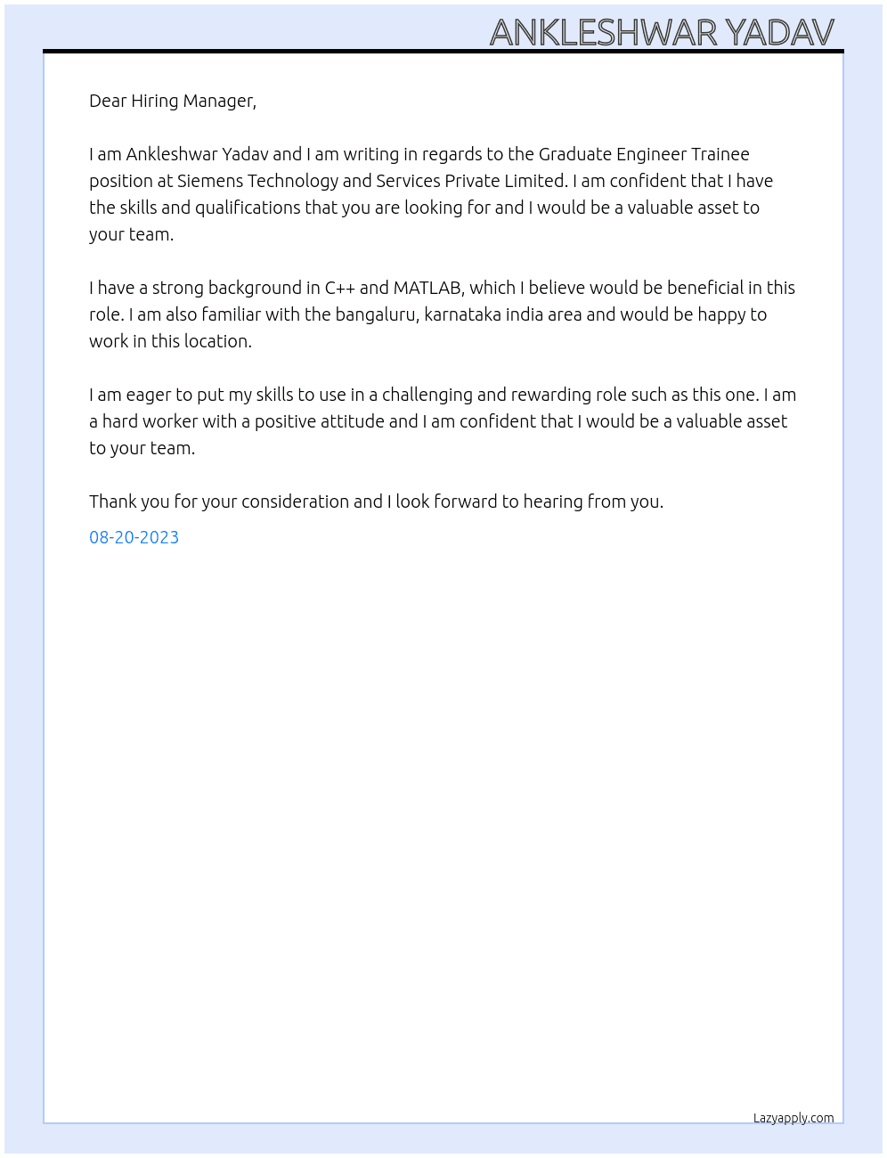 Graduate Engineer Trainee  At Siemens Technology and Services Private Limited Cover Letter