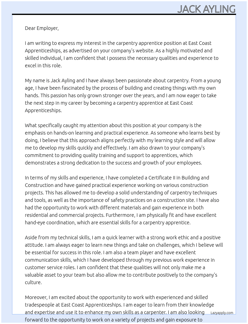 carpentry apprentice At east coast apprenticeships Cover Letter