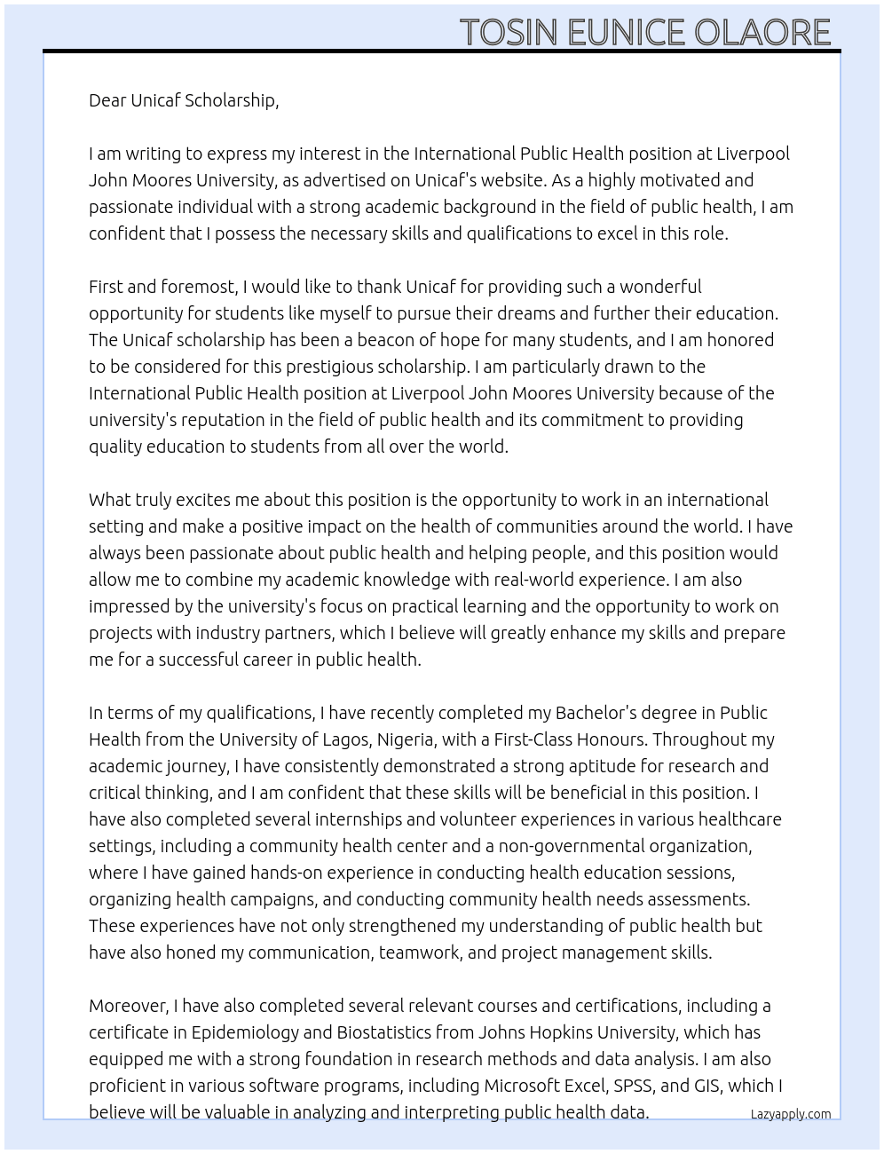 International pulbic health  At Liverpool John Moores University  Cover Letter