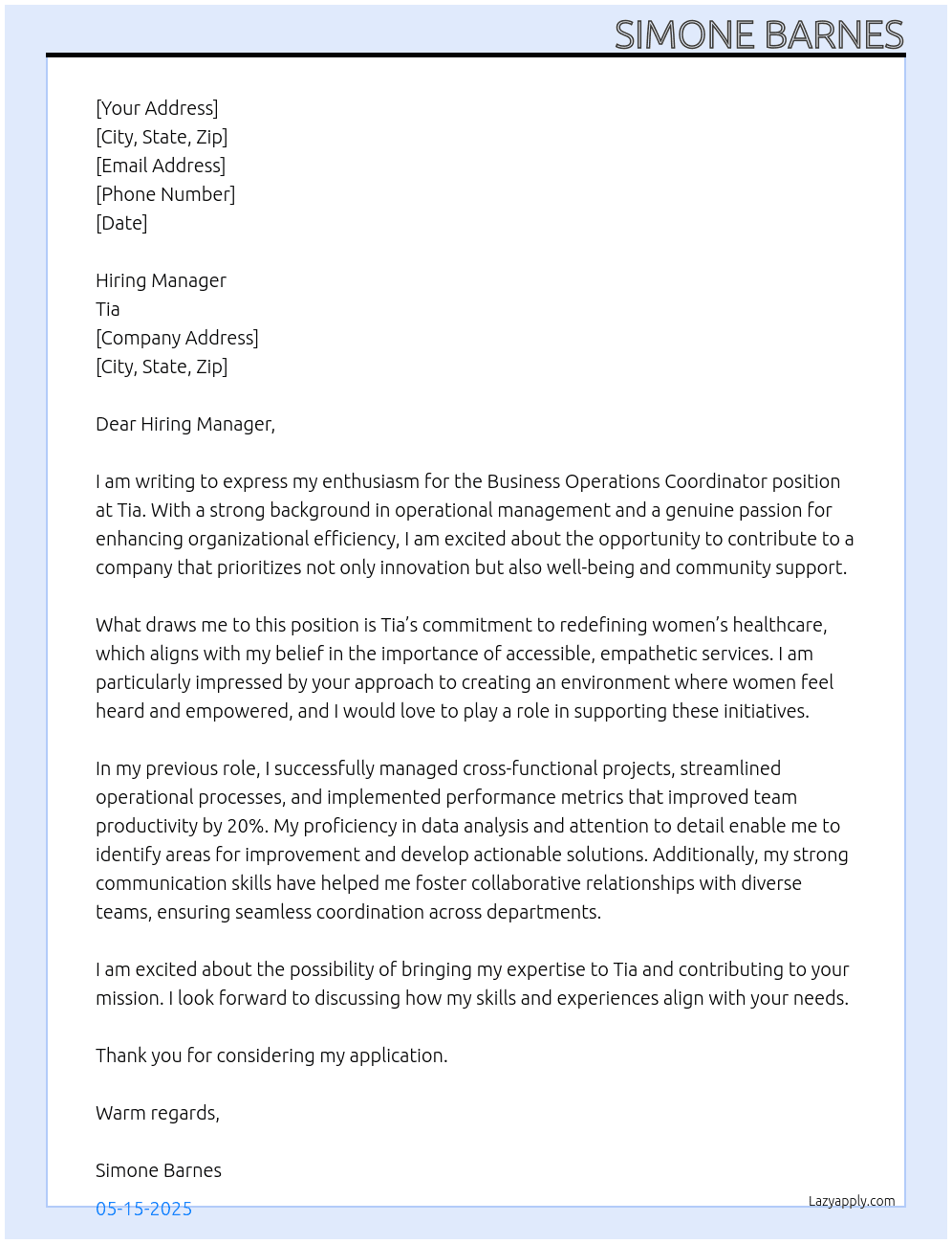 Business Operations Coordinator At Tia Cover Letter