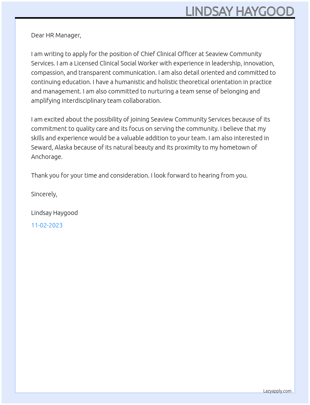 Chief Clinical Officer At Seaview Community Services Cover Letter