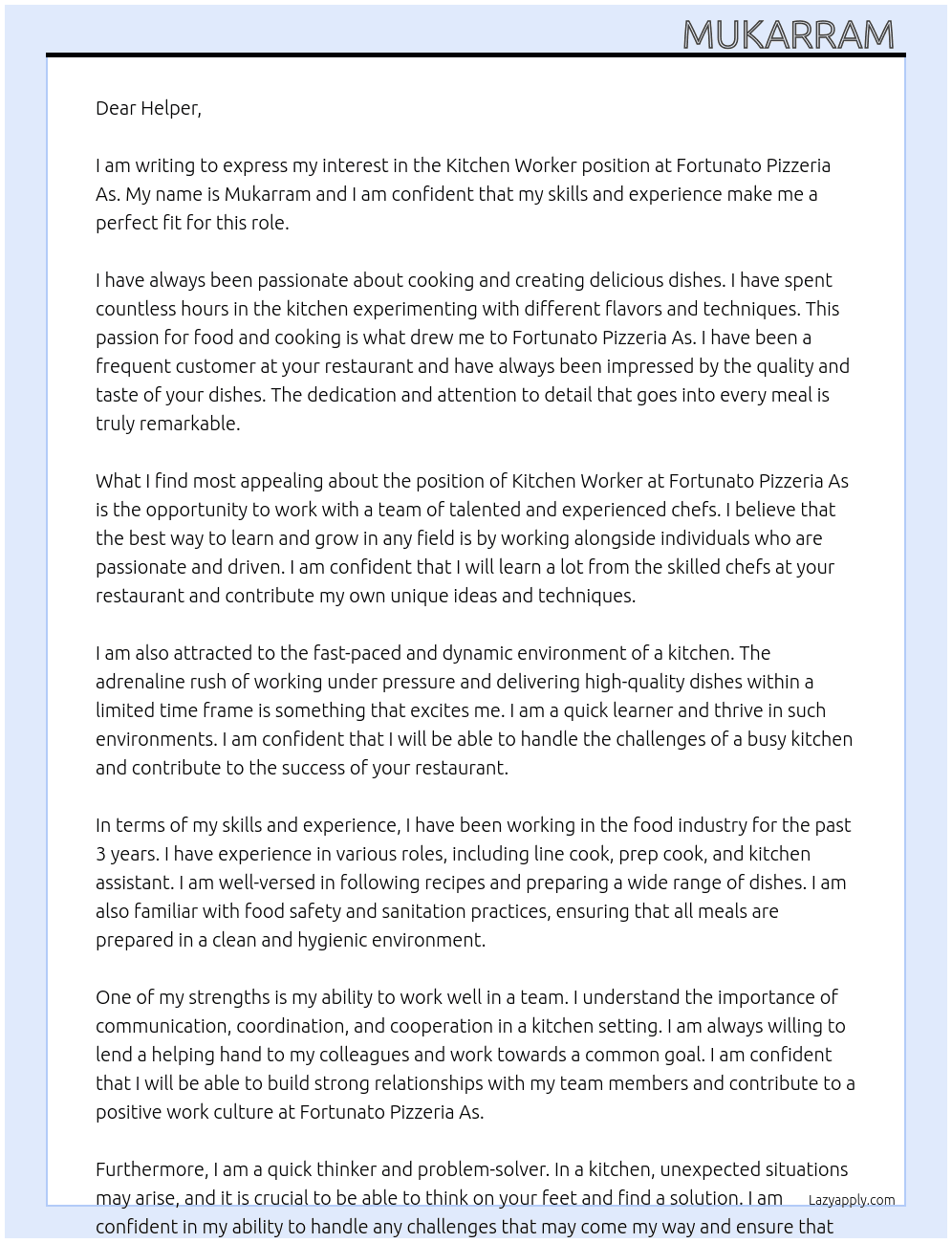 kitchen worker At Fortunato Pizzeria As Cover Letter