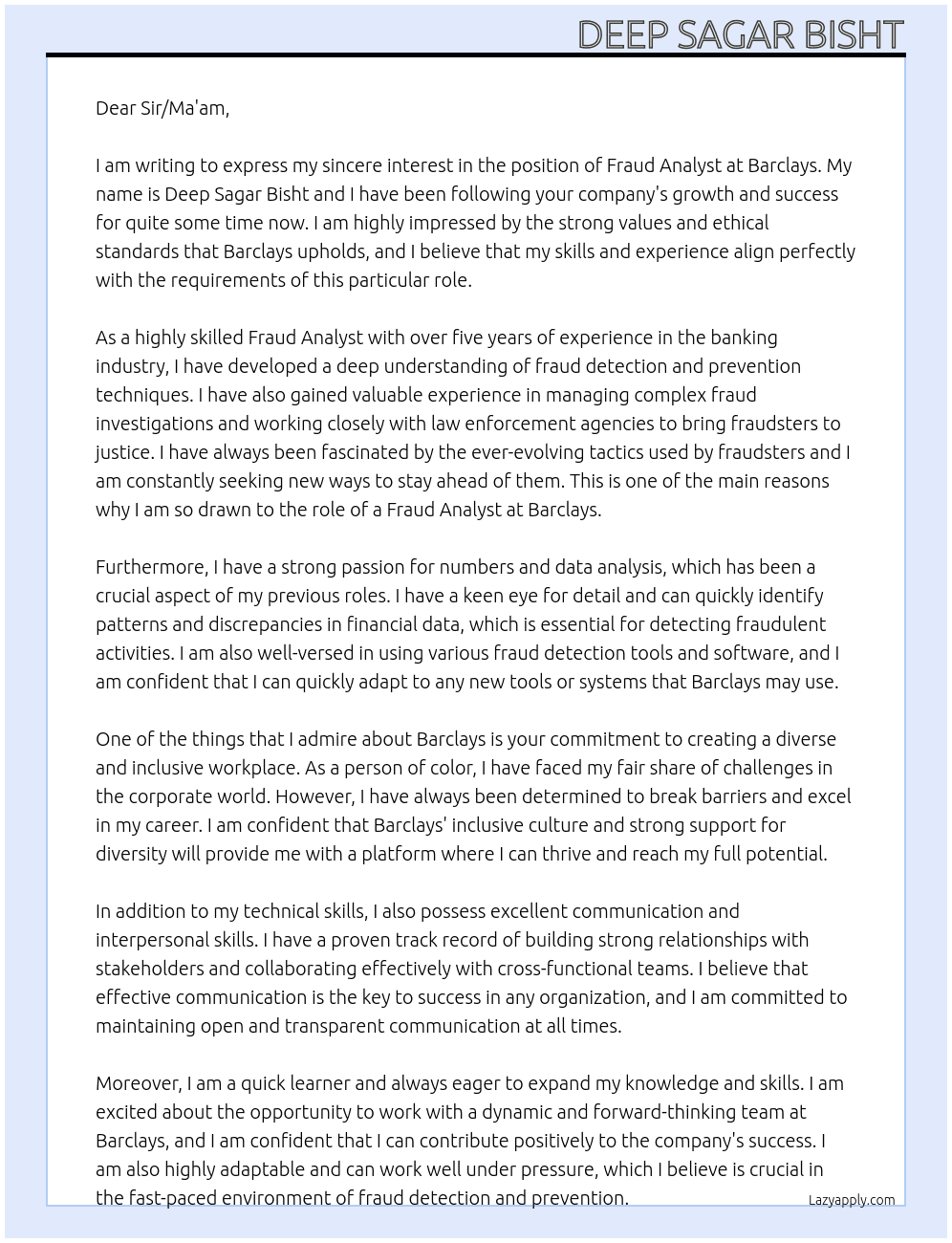 Fraud Analyst At Barclays Cover Letter