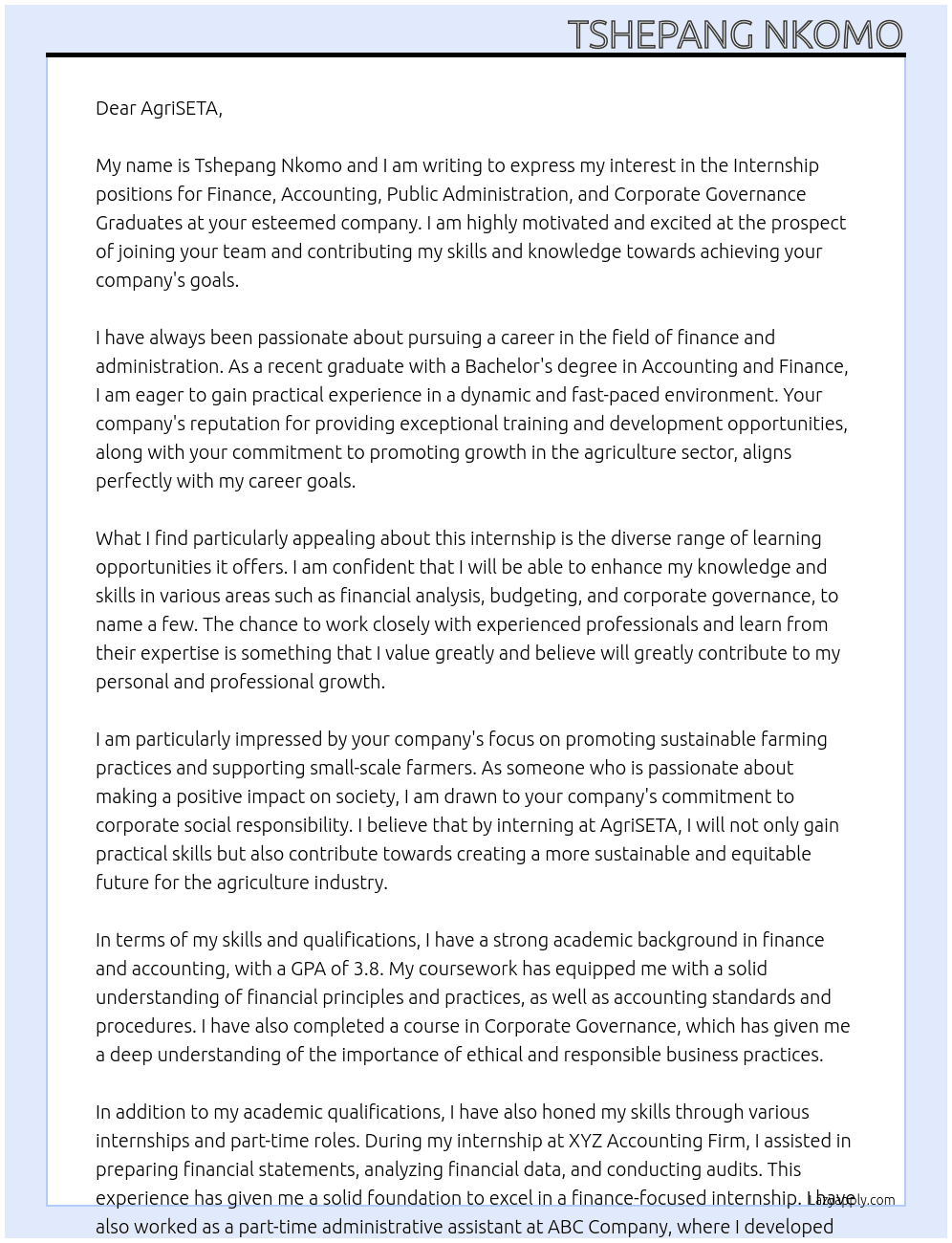 Internships (Finance, Accounting, Public Admin, Corporate Governance Graduates) At  AgriSETA Cover Letter