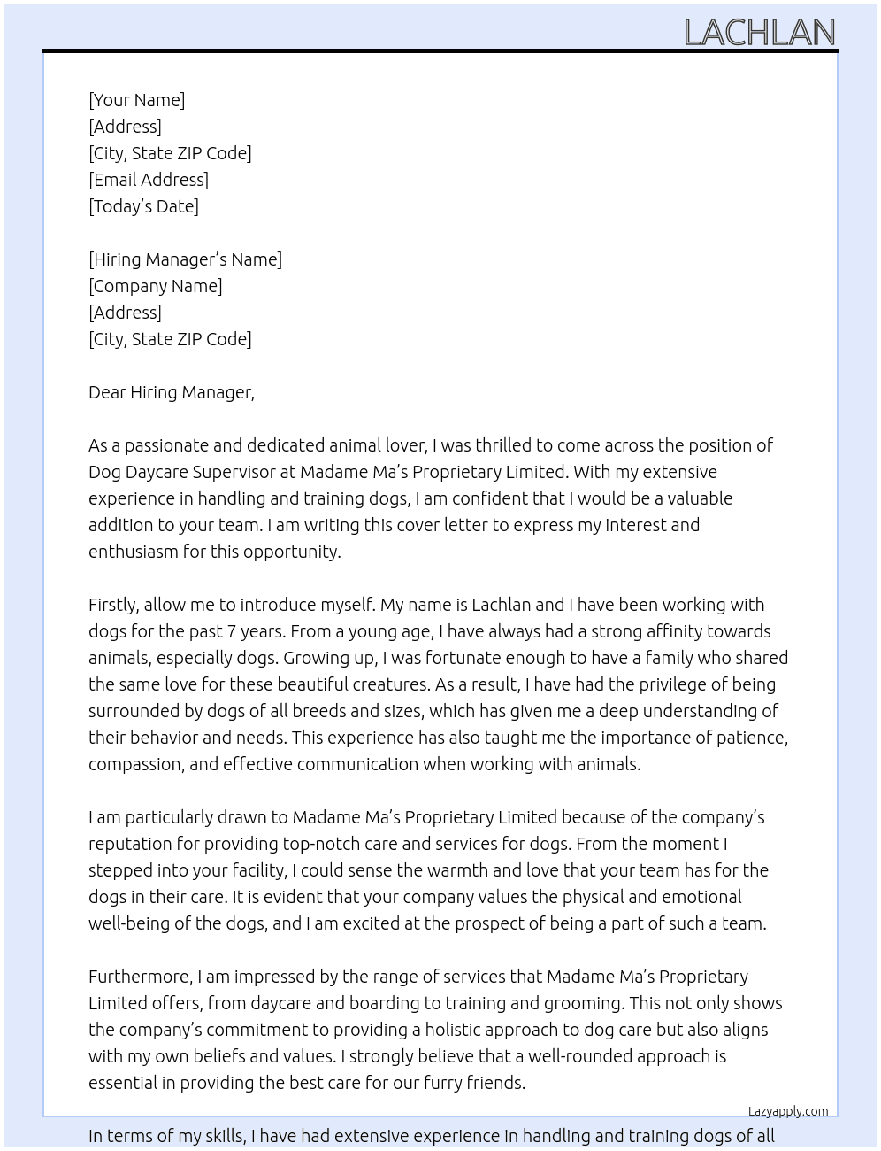 Dog Daycare Supervisor At Madame Ma's Proprietary Limited Cover Letter