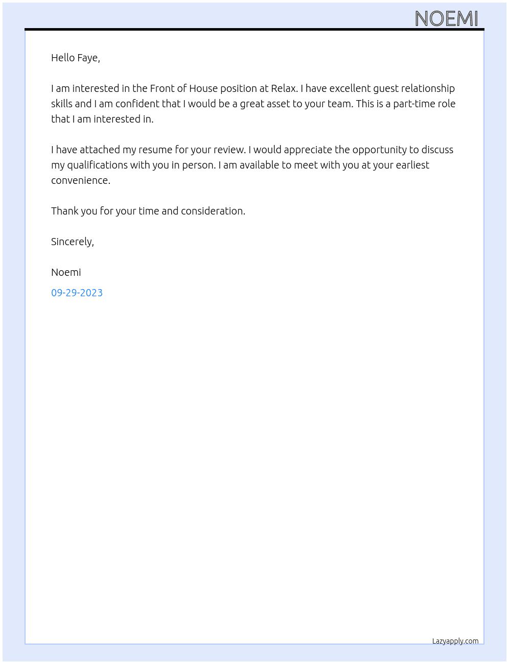 Front of house At Relax  Cover Letter