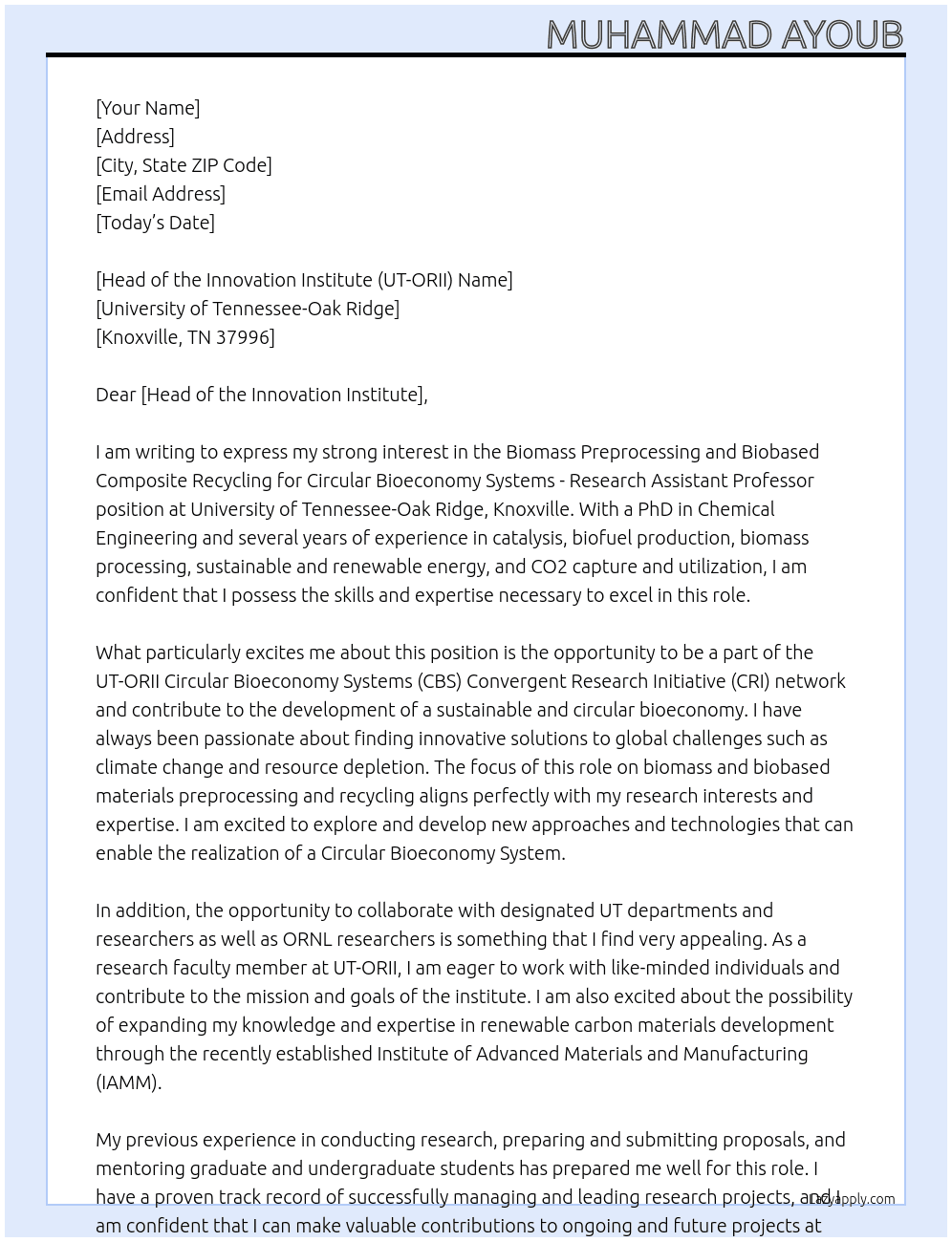 Biomass Preprocessing and Biobased Composite Recycling for Circular Bioeconomy Systems - Research Assistant Professor At University of Tennessee-Oak Ridge, Knoxville Cover Letter