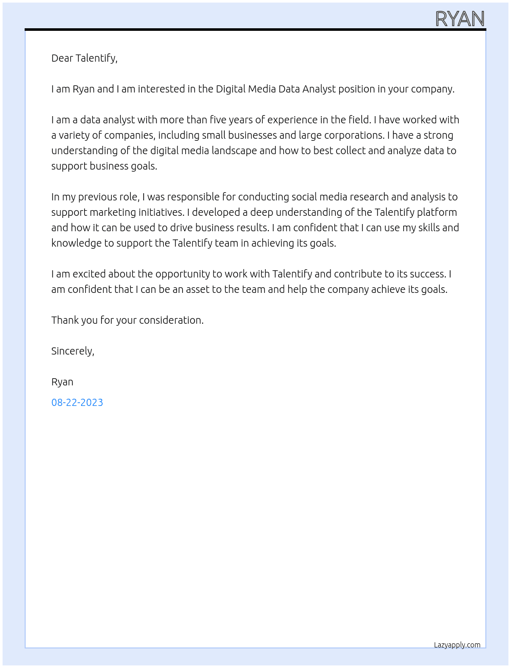 Digital Media Data Analyst At Talentify Cover Letter