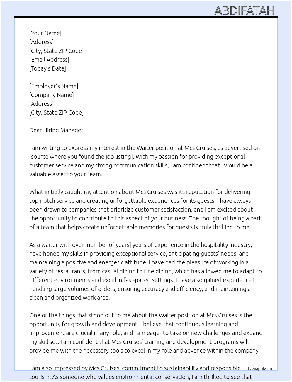Waiter  At Mcs cruises  Cover Letter