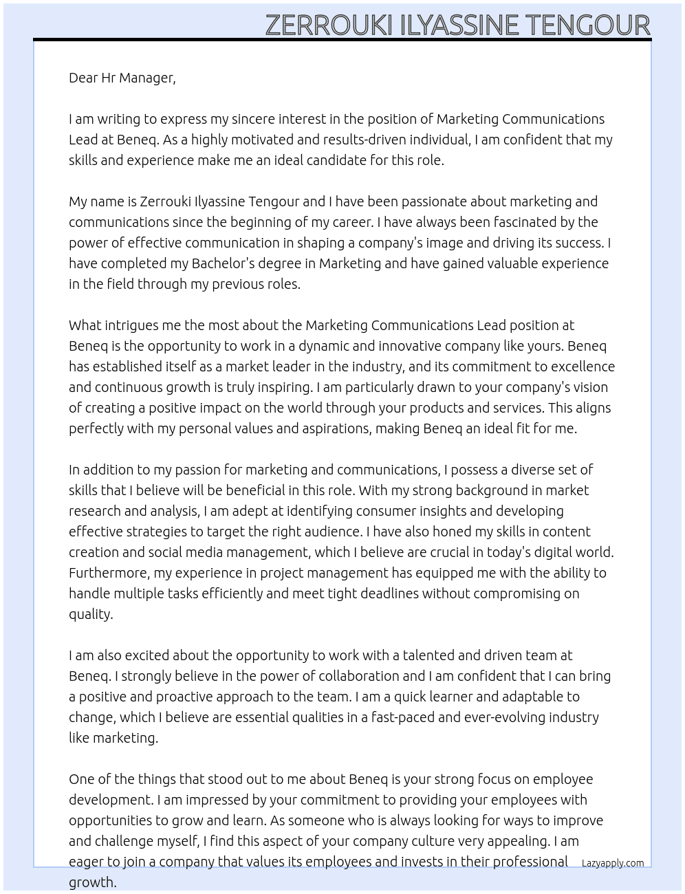Marketing Communications Lead At Beneq Cover Letter
