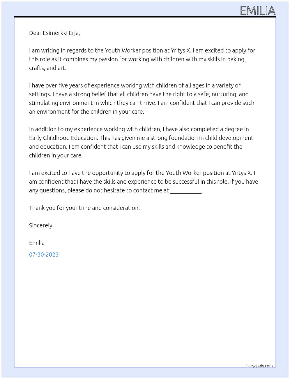Youth Worker At Yritys X Cover Letter
