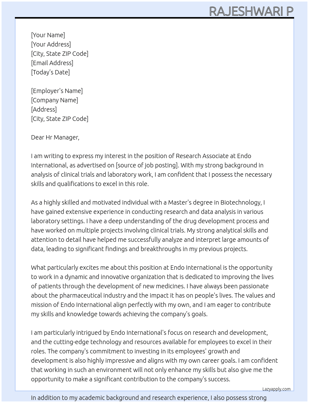 Research Associate At Endo international Cover Letter