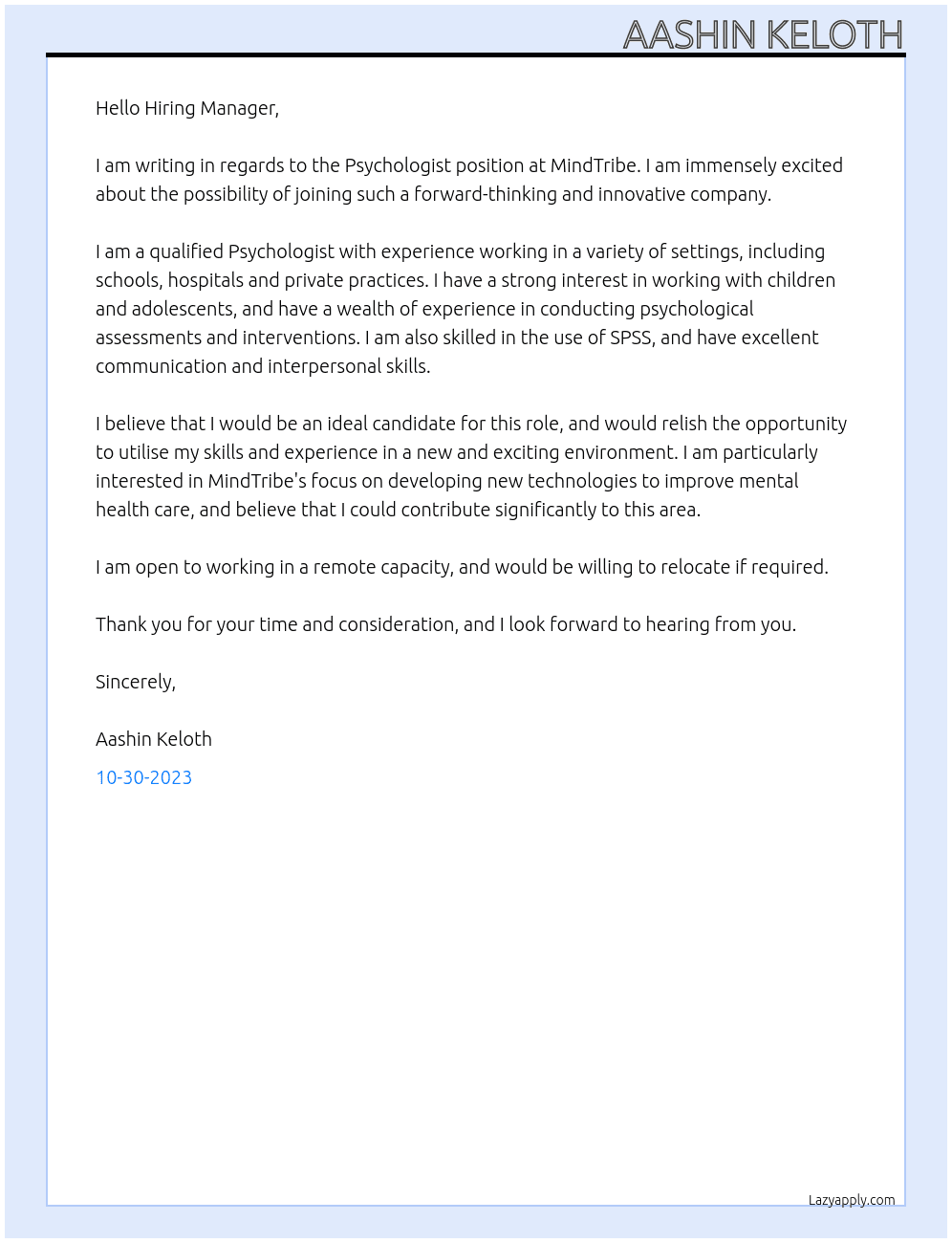 Psychologist At MindTribe Cover Letter