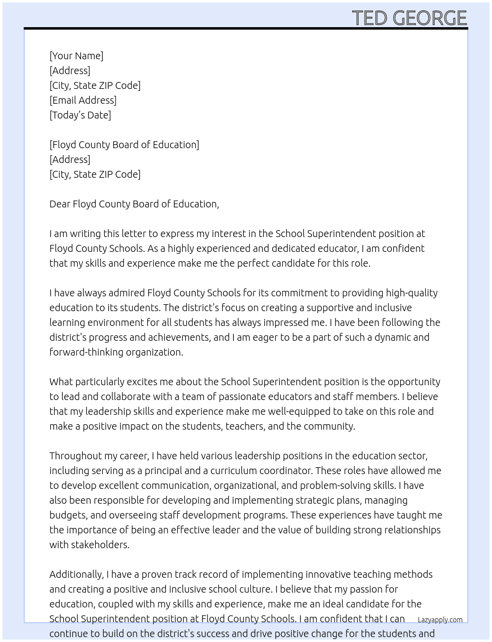 School Superintendent At Floyd County Schools Cover Letter