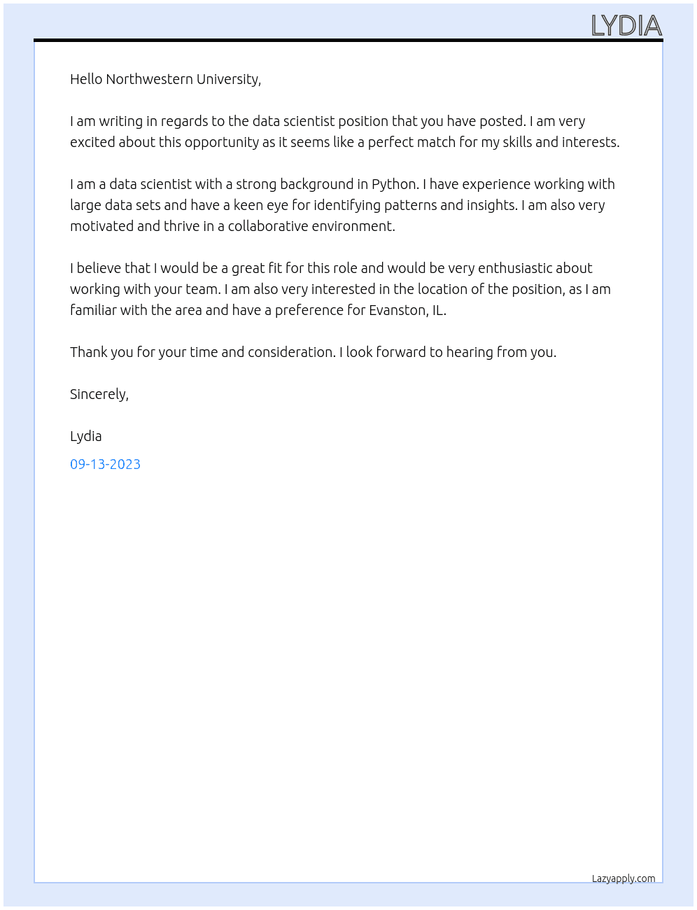 data scientist At Northwestern University Cover Letter