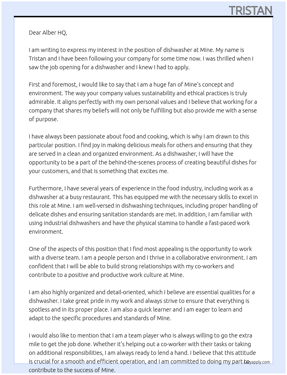 dishwasher  At mine Cover Letter
