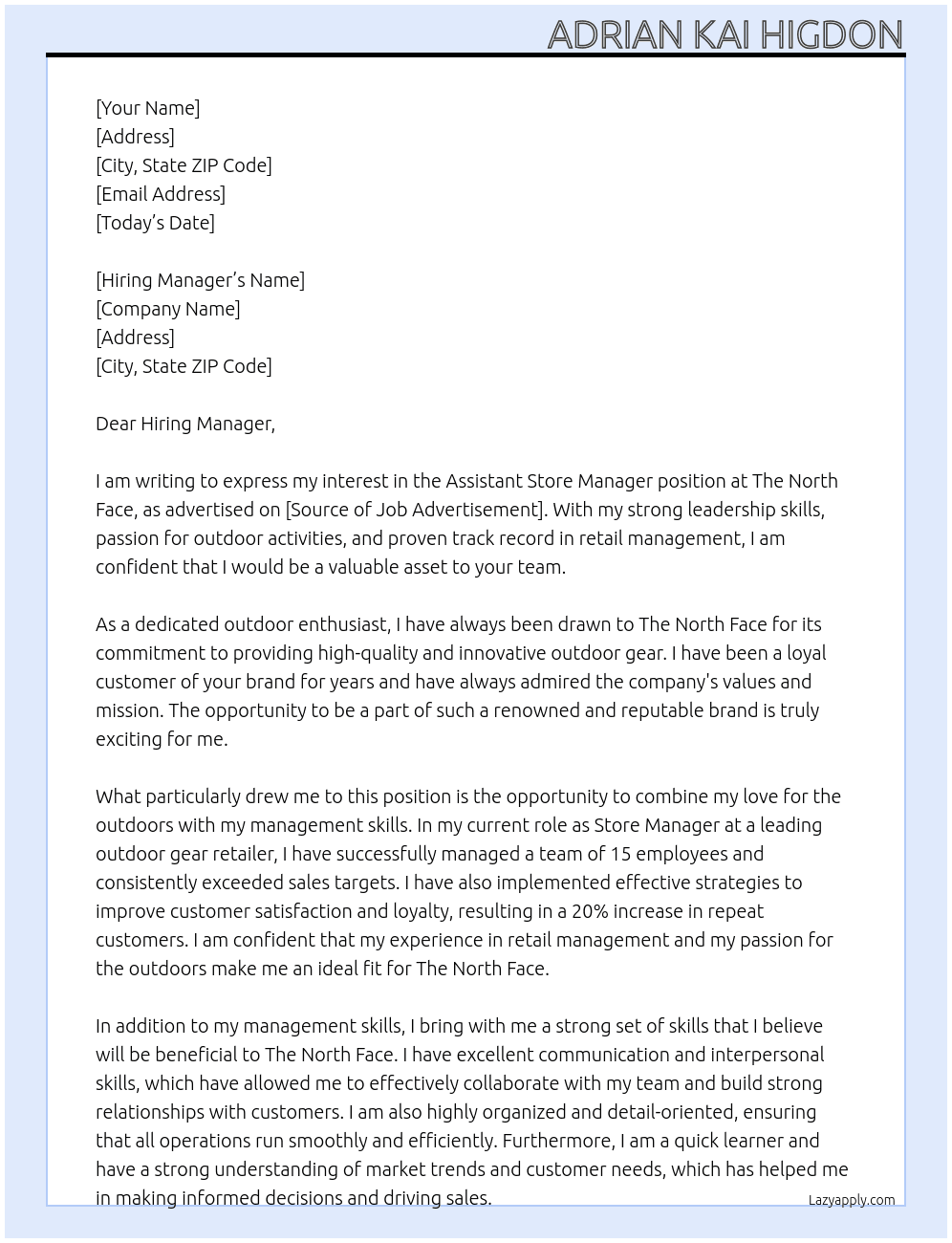 Assistant Store Manager At The North Face Cover Letter