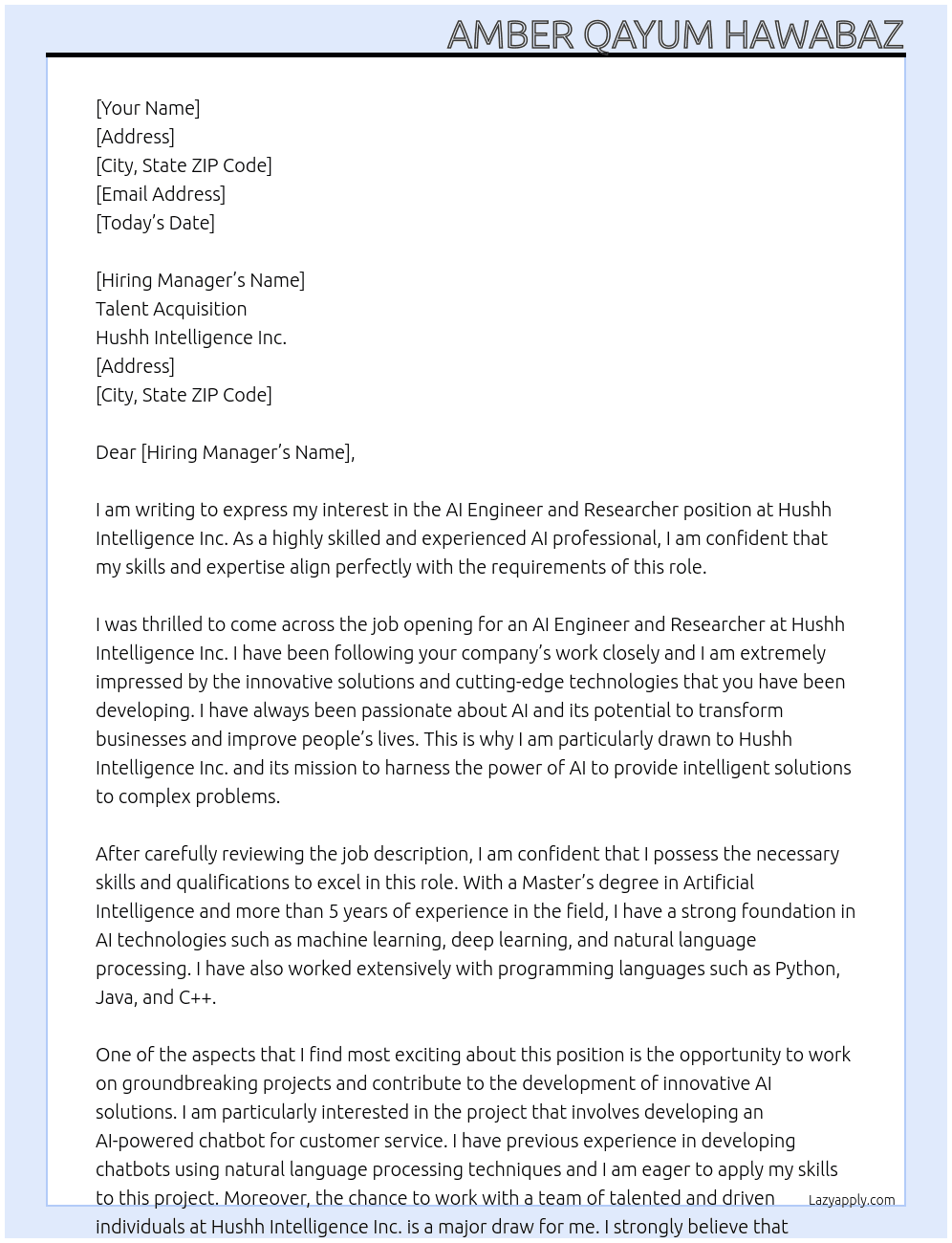 AI Engineer and Researcher At Hushh Intelligence Inc. Cover Letter