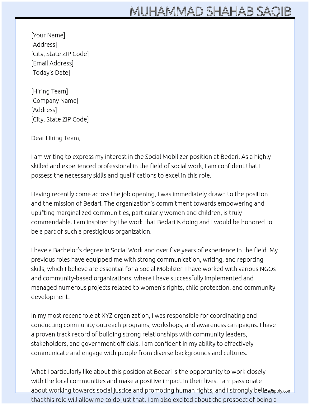 Social Mobilizer  At Bedari  Cover Letter