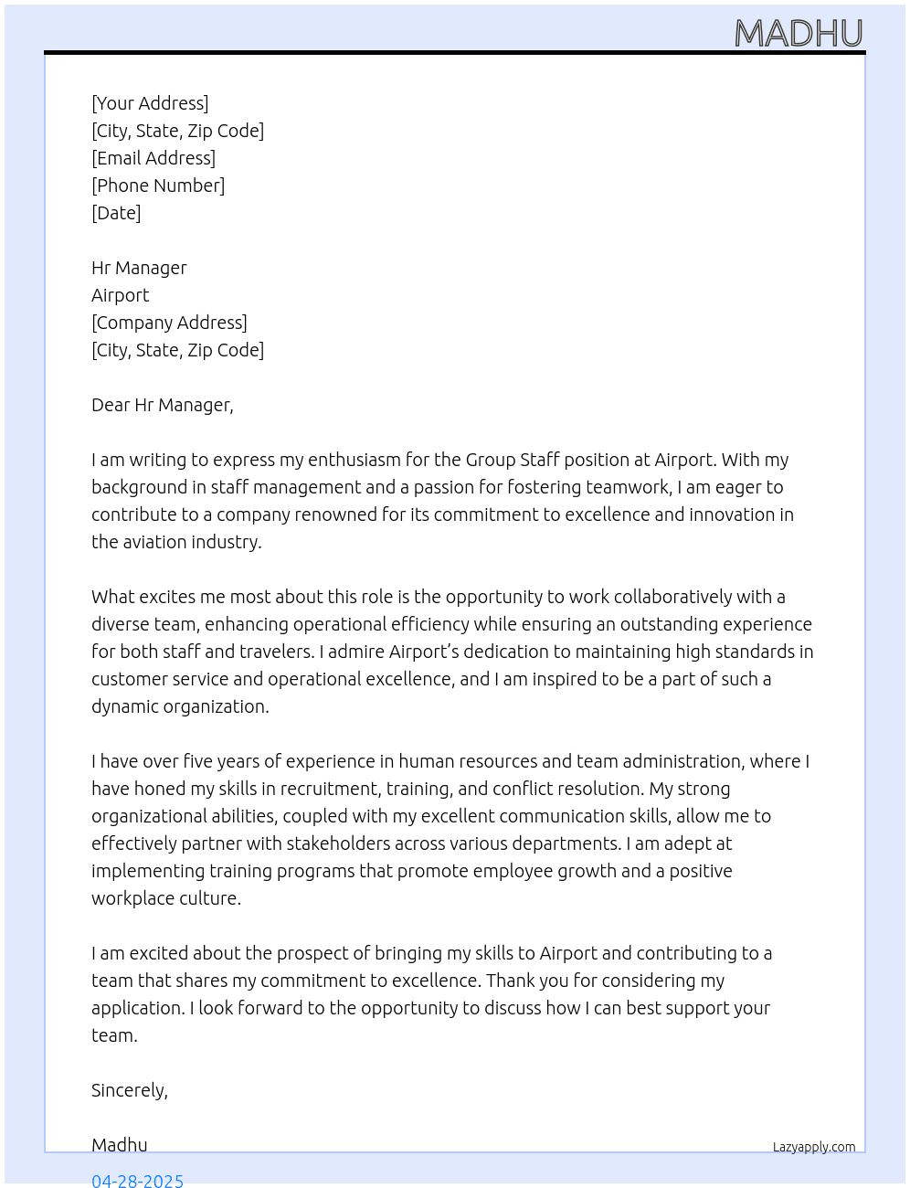 Group staff At Airport Cover Letter