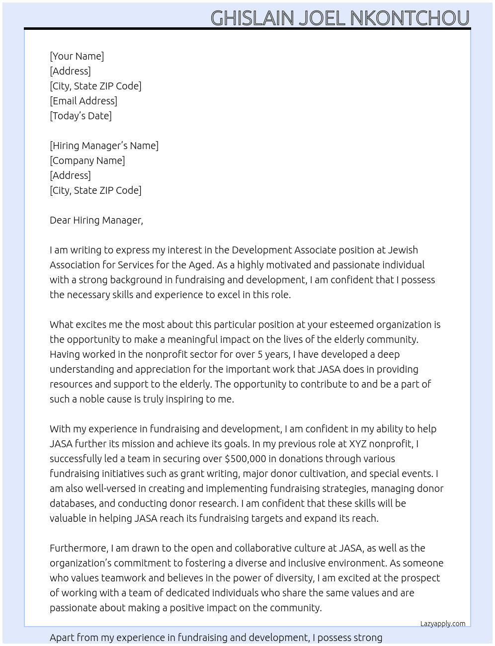 Development Associate At Jewish Association for Services for the Aged Cover Letter