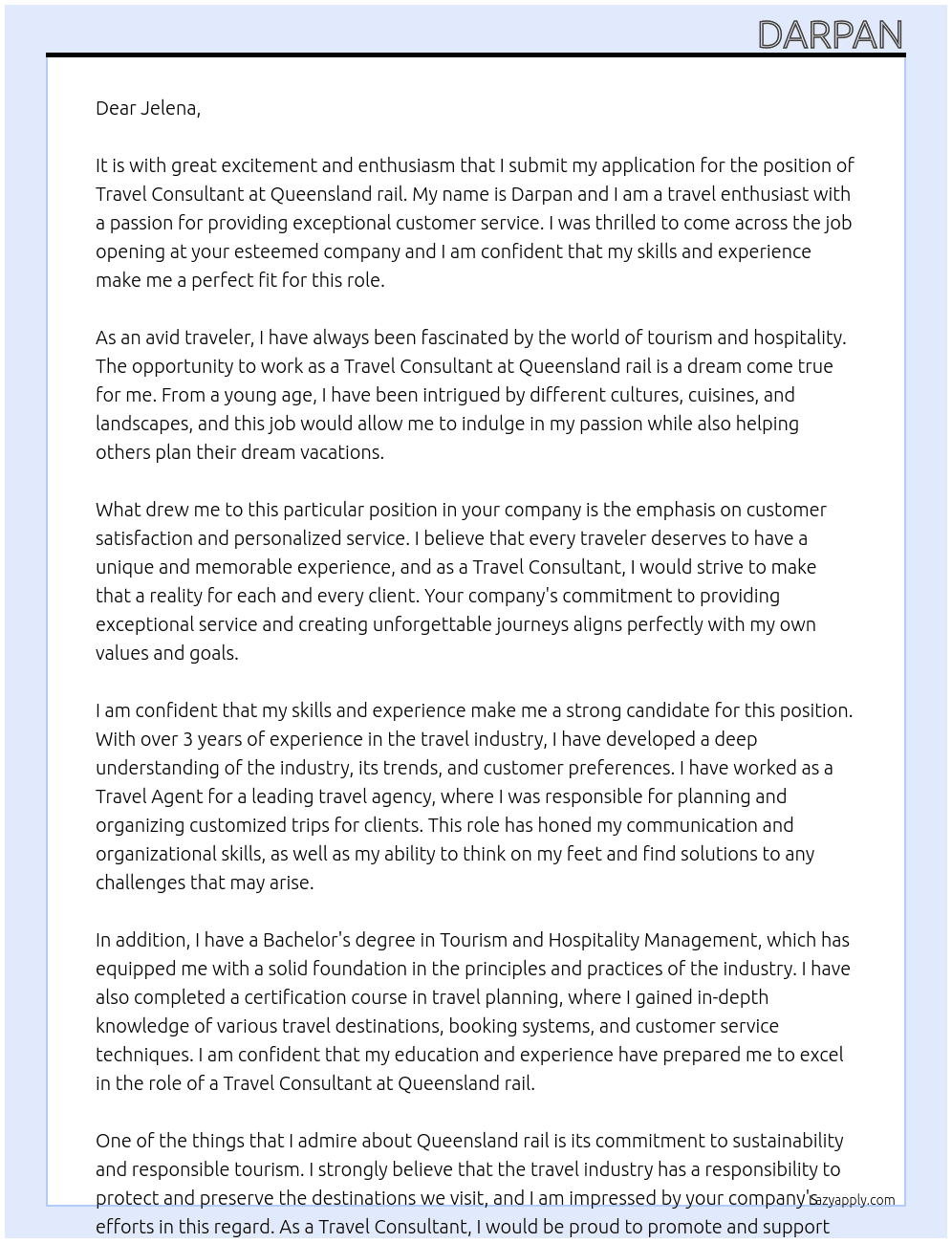  Travel Consultant At Queensland rail Cover Letter
