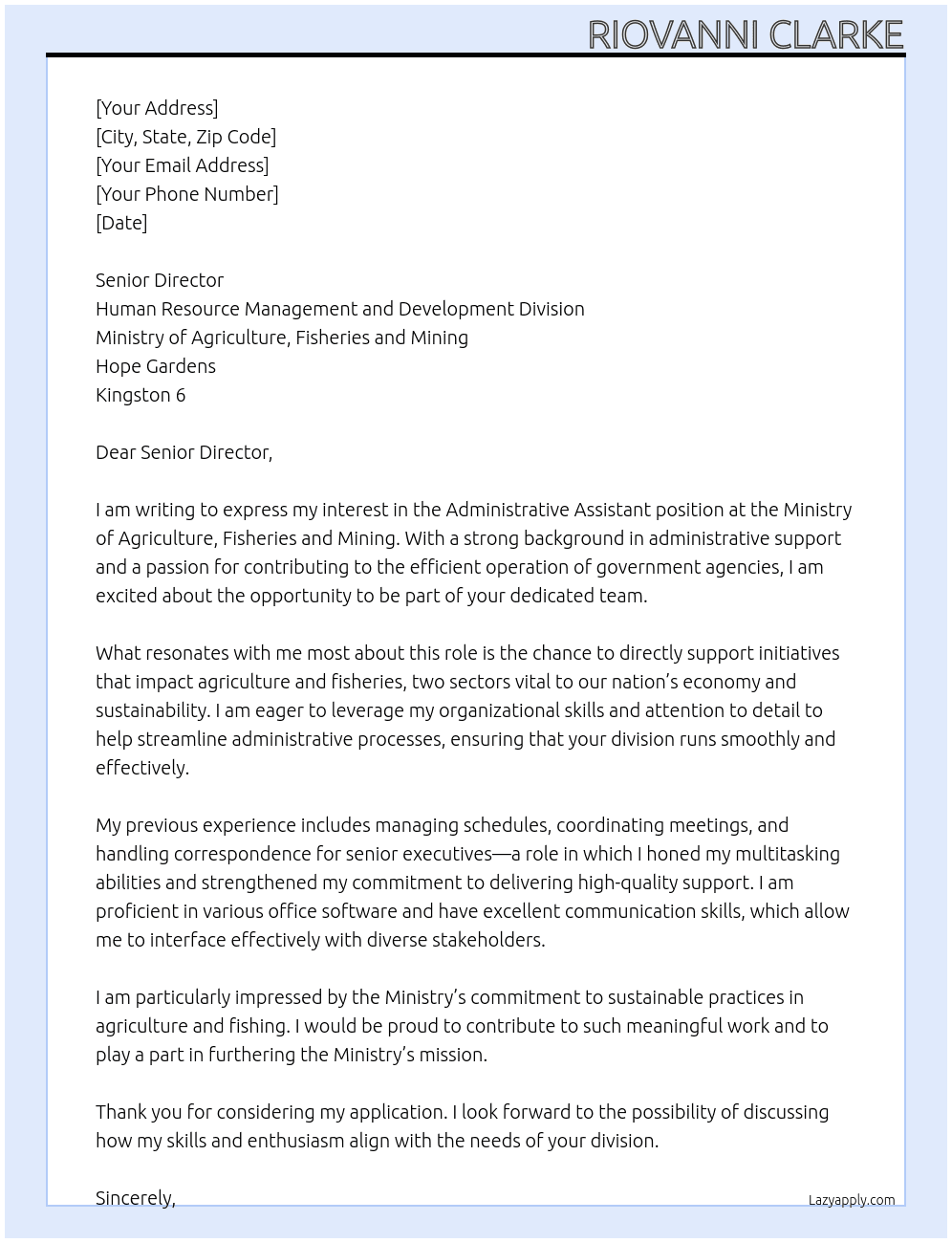 Administrative Assistant At Ministry of Agriculture, Fisheries and Mining Cover Letter