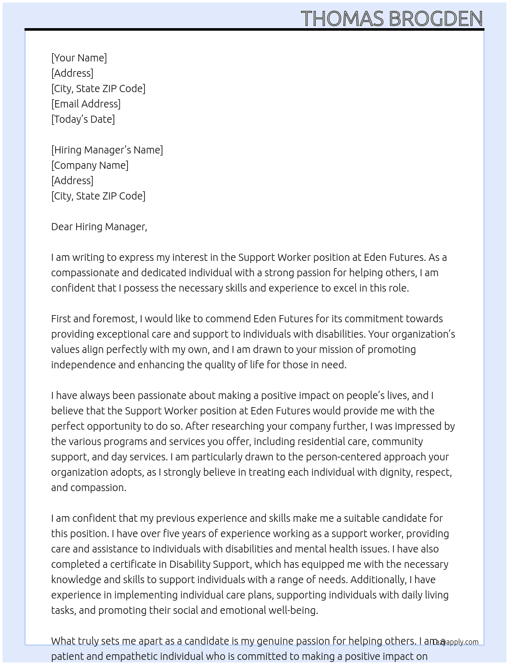 Support Worker At Eden Futures Cover Letter
