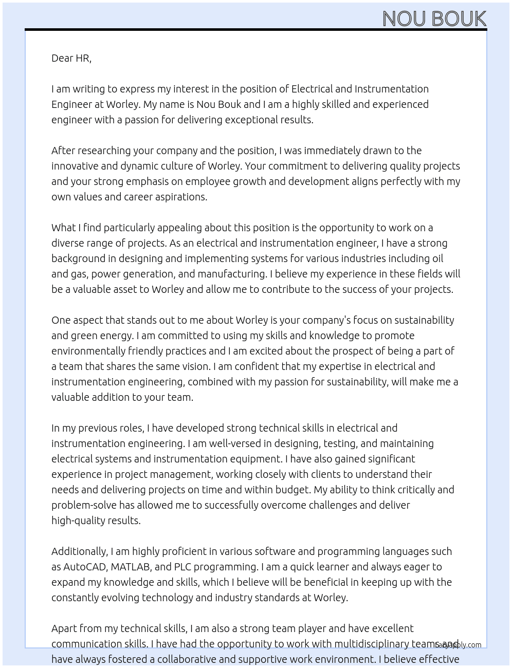 electrical and instrumentation engineer At worley Cover Letter