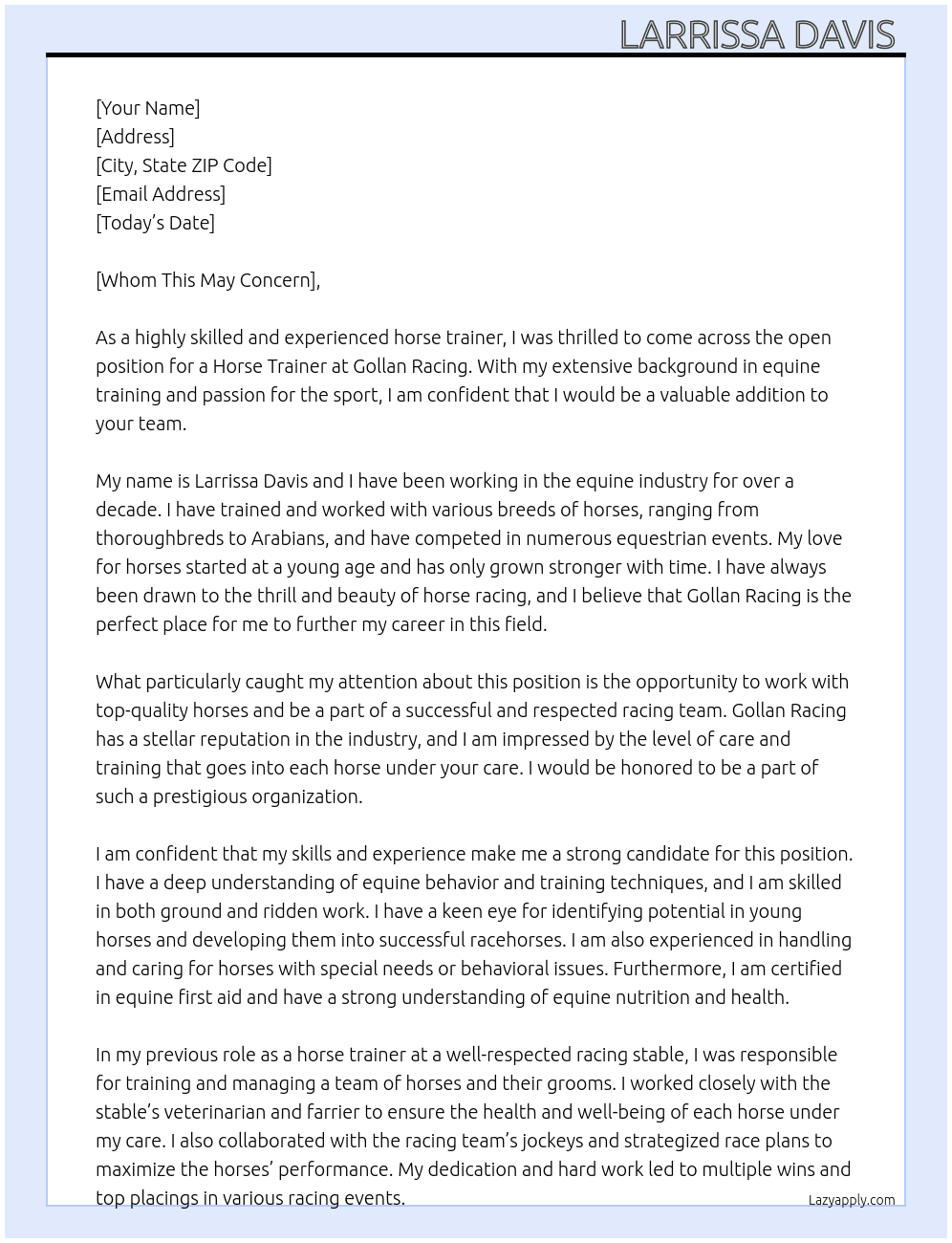 Horse trainer  At Gollan racing  Cover Letter