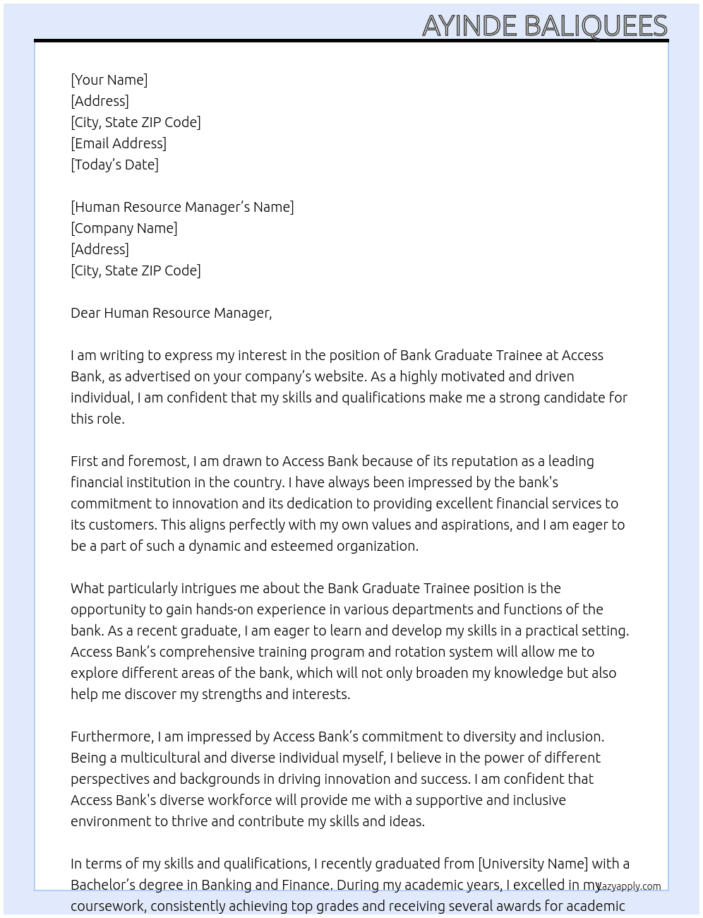 Bank graduate trainee At Access bank Cover Letter