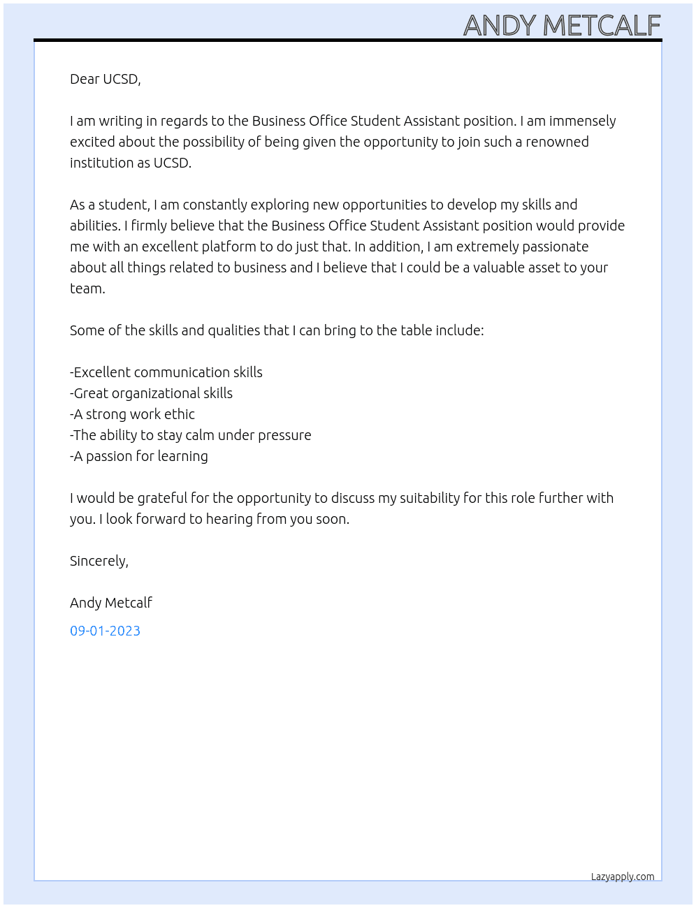 Business Office Student Assistant  At UCSD Cover Letter