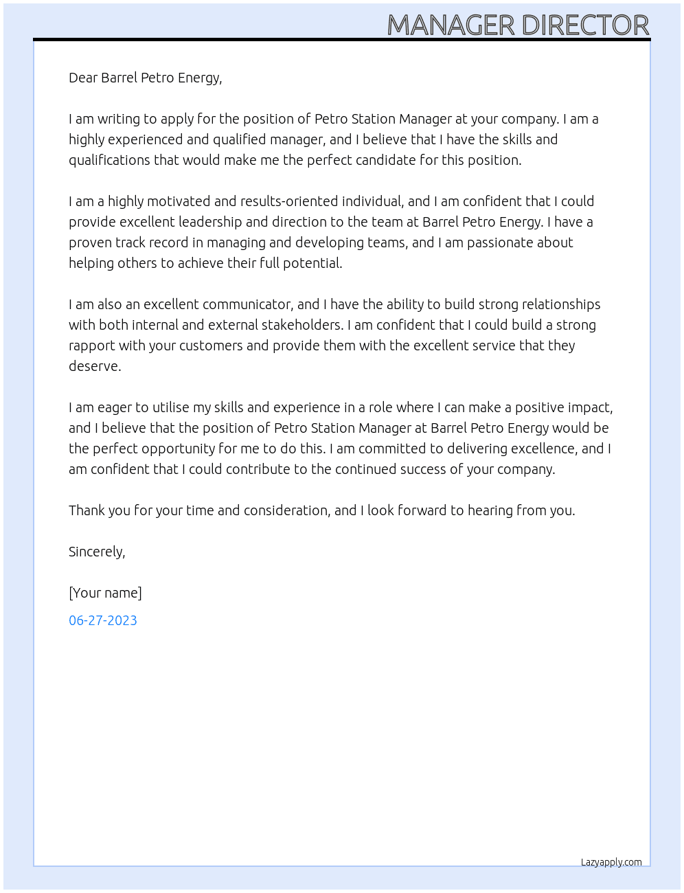 Petro Station At Barrel Petro Energy  Cover Letter